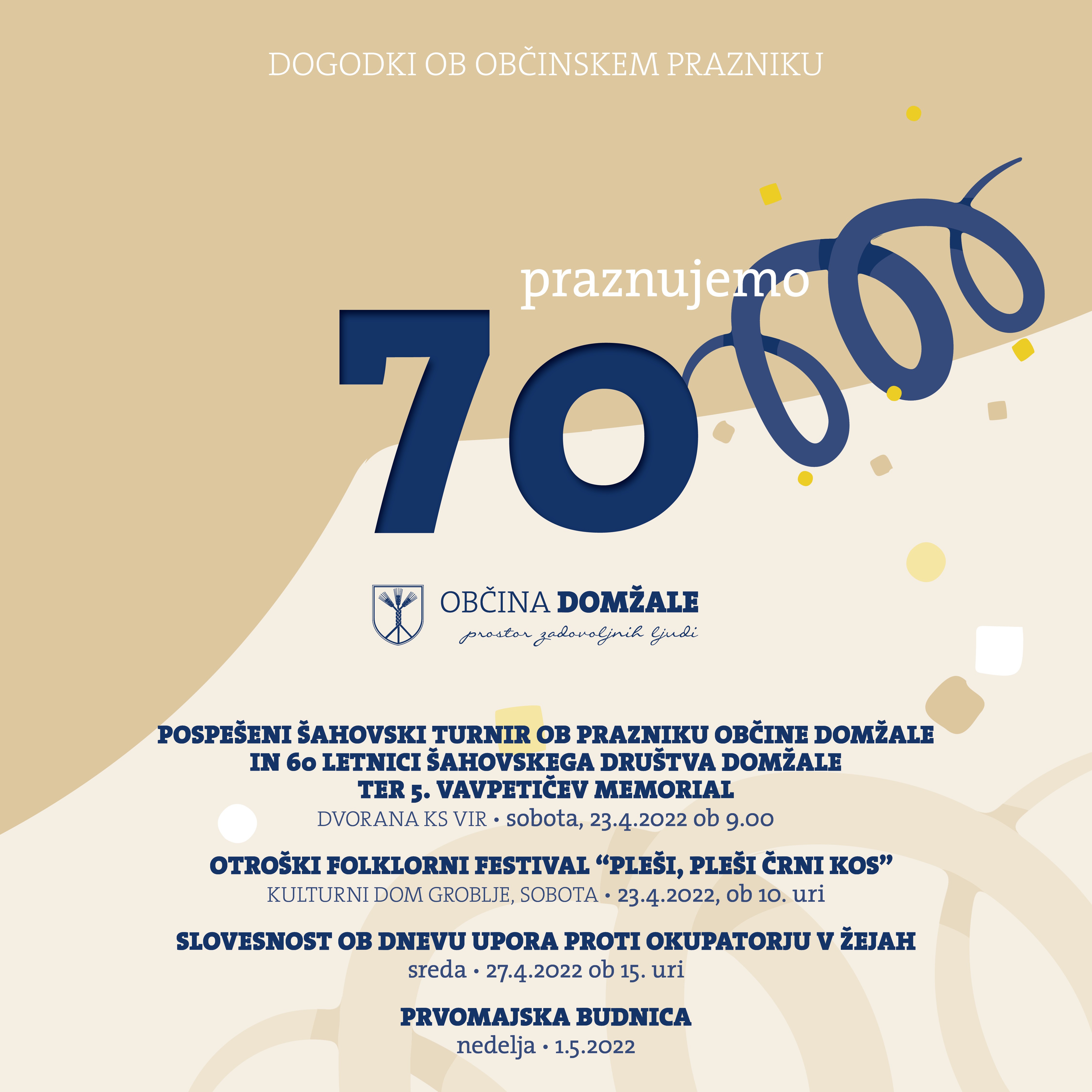 Program dogodkov in prireditev ob občinskem prazniku – Občina Domžale obeležuje 70 let 